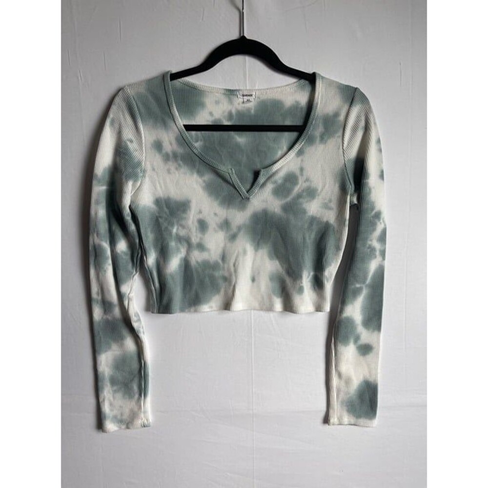 Garage Sage Green Tie Dye Waffle Knit V-Notch Crop Top L